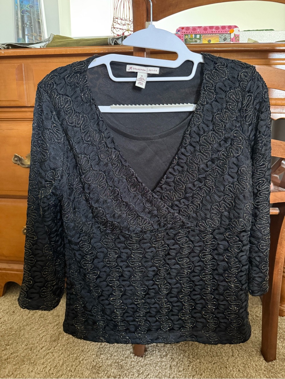 JM Collection Black Lace-Textured V-Neck Blouse